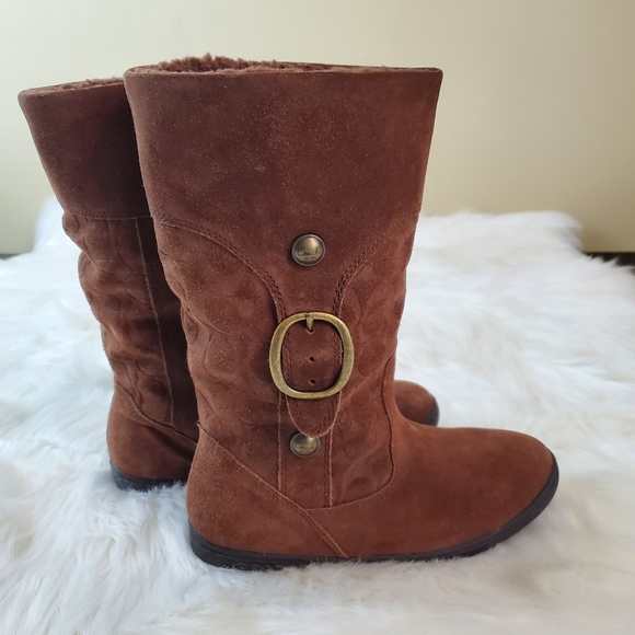 Coach Meyer Sz 7 Logo Brown Suede Mid-Calf Boots